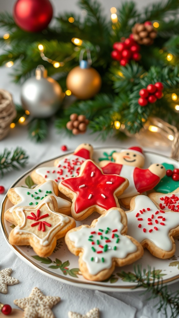 Festive Christmas Baking Recipes A plate of decorated Christmas cookies with festive colors and holiday decorations.